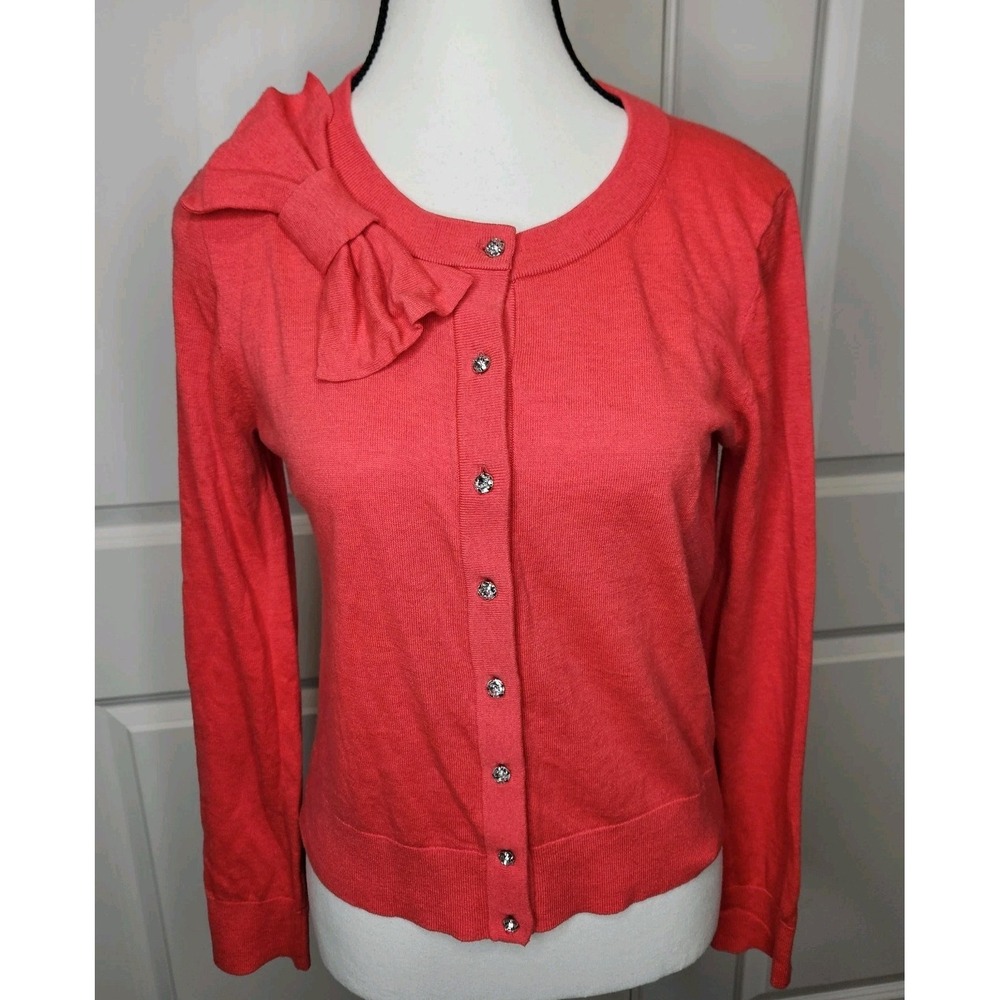 Kate Spade Cardigan‎ Sweater Size Small Pink Bow Trim Jewel Rhinestone Buttons
